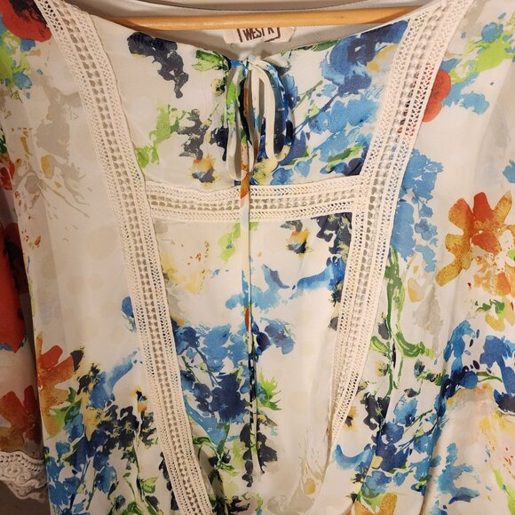 Flowy Oversized Floral Peasant Milkmaid Blouse w/Lace Trim & Tie Neck Sz. S - Picture 5 of 6